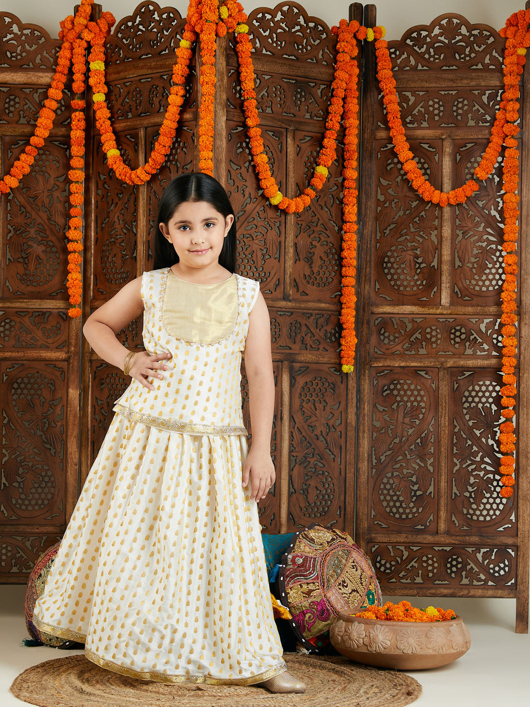 VASTRAMAY Girls' Cream And Gold Jacquard Lehenga