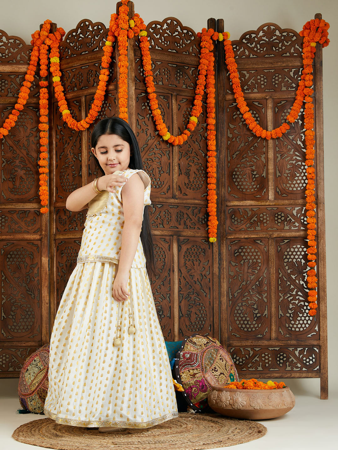 VASTRAMAY Girls' Cream And Gold Jacquard Lehenga