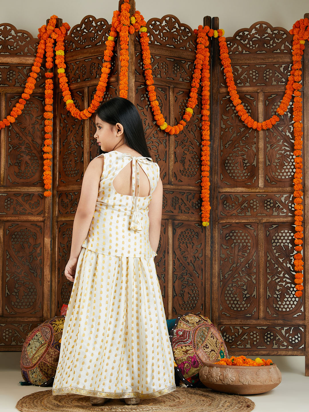 VASTRAMAY Girls' Cream And Gold Jacquard Lehenga