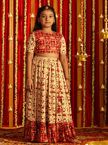 VASTRAMAY Girls' Red And Cream Patola Print Lehenga Set