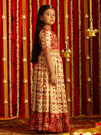 VASTRAMAY Girls' Red And Cream Patola Print Lehenga Set