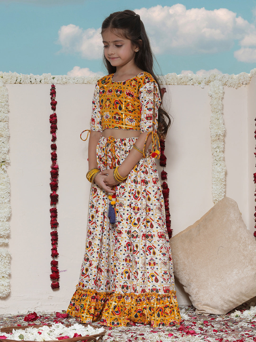 VASTRAMAY Girls' Yellow And Cream Patola Print Lehenga Set