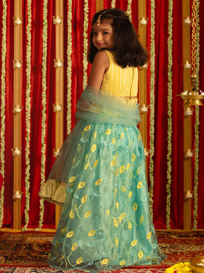 VASTRAMAY Girls' Yellow Crop Top And Aqua Lehenga With Ruffled Dupatta Set