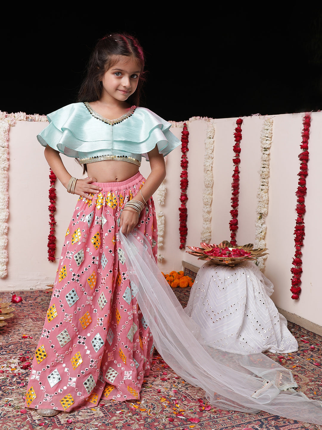 VASTRAMAY Girls' Aqua And Pink Georgette Lehenga Set