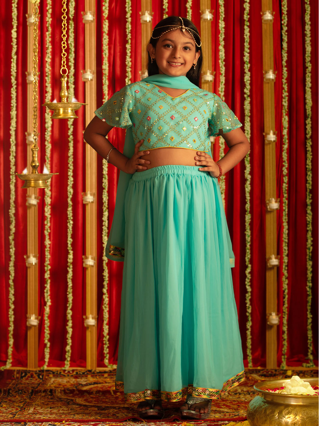 VASTRAMAY Girls' Aqua Mirror Georgette Lehenga Set