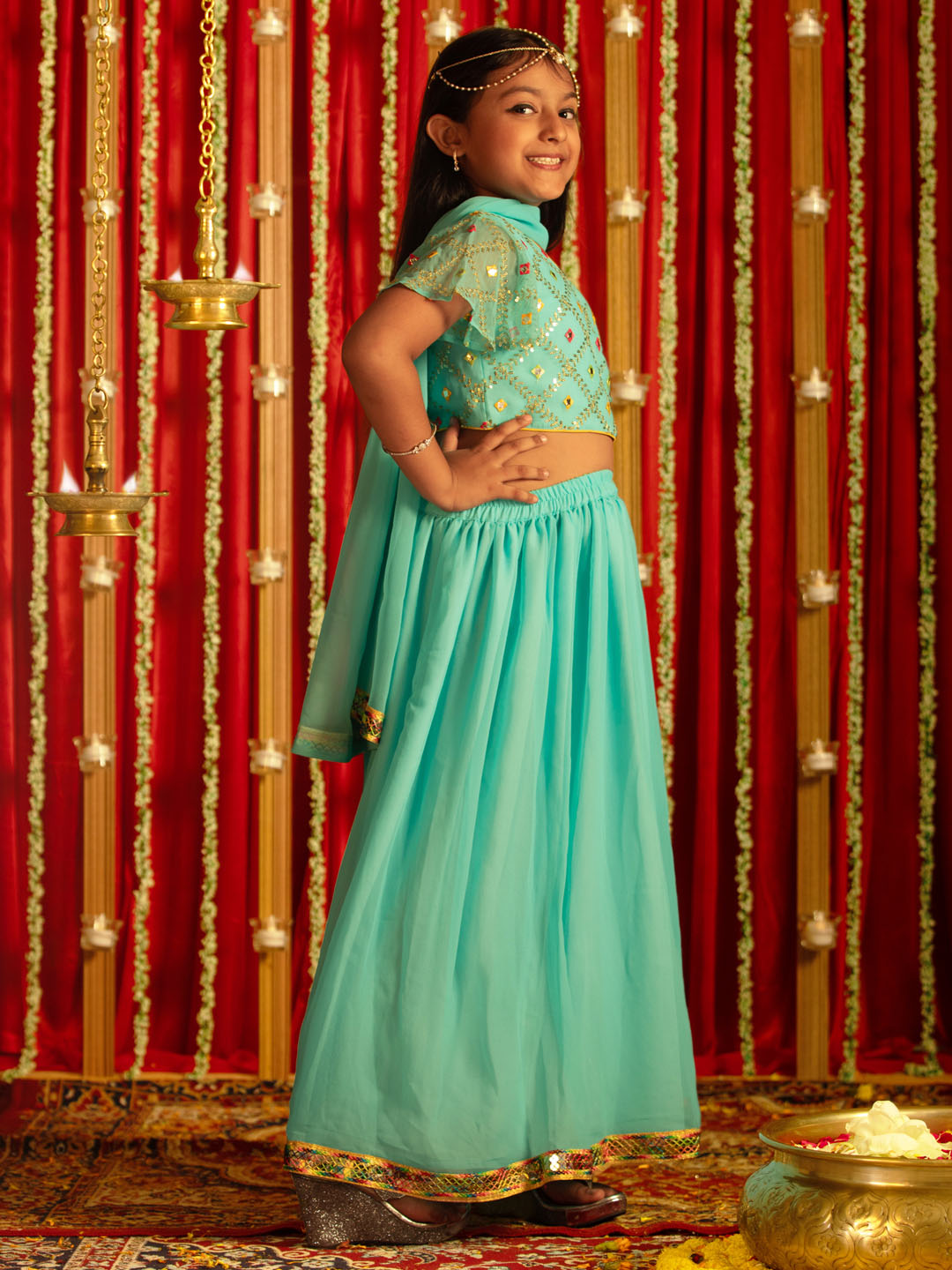 VASTRAMAY Girls' Aqua Mirror Georgette Lehenga Set