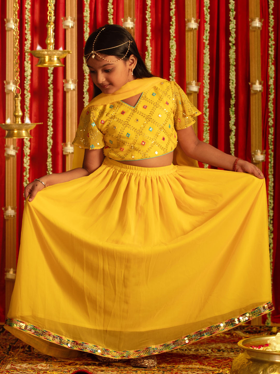 VASTRAMAY Girls' Yellow Mirror Georgette Lehenga Set