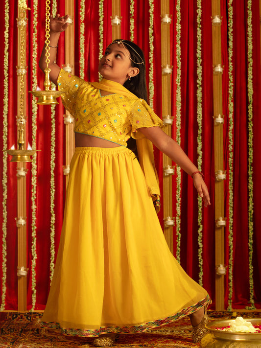 VASTRAMAY Girls' Yellow Mirror Georgette Lehenga Set