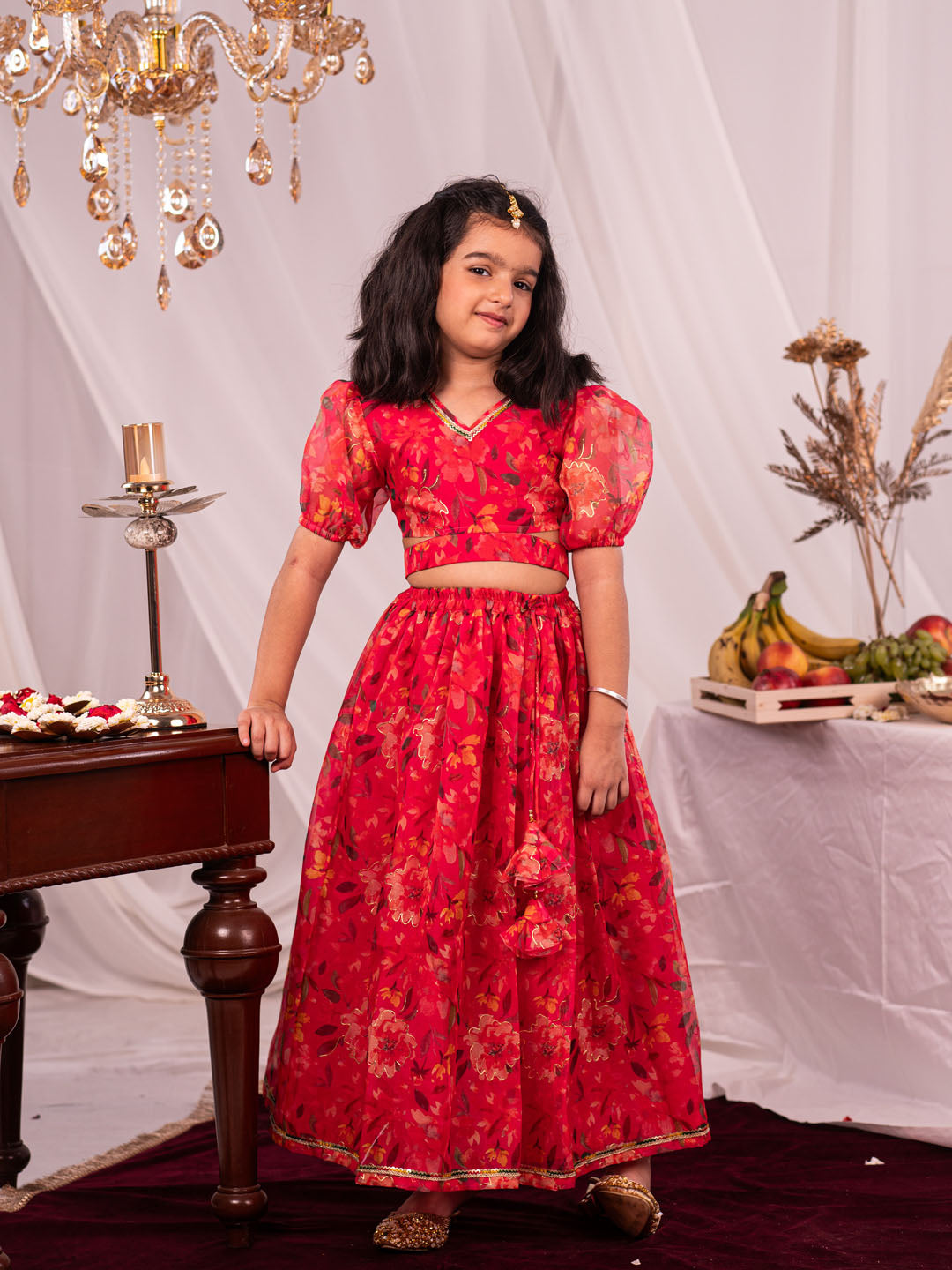 VASTRAMAY Girls' Pink Printed Organza Lehenga Set