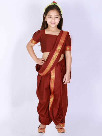 Vastramay Girl's  Maroon Banarasi Border Dhoti Saree Set