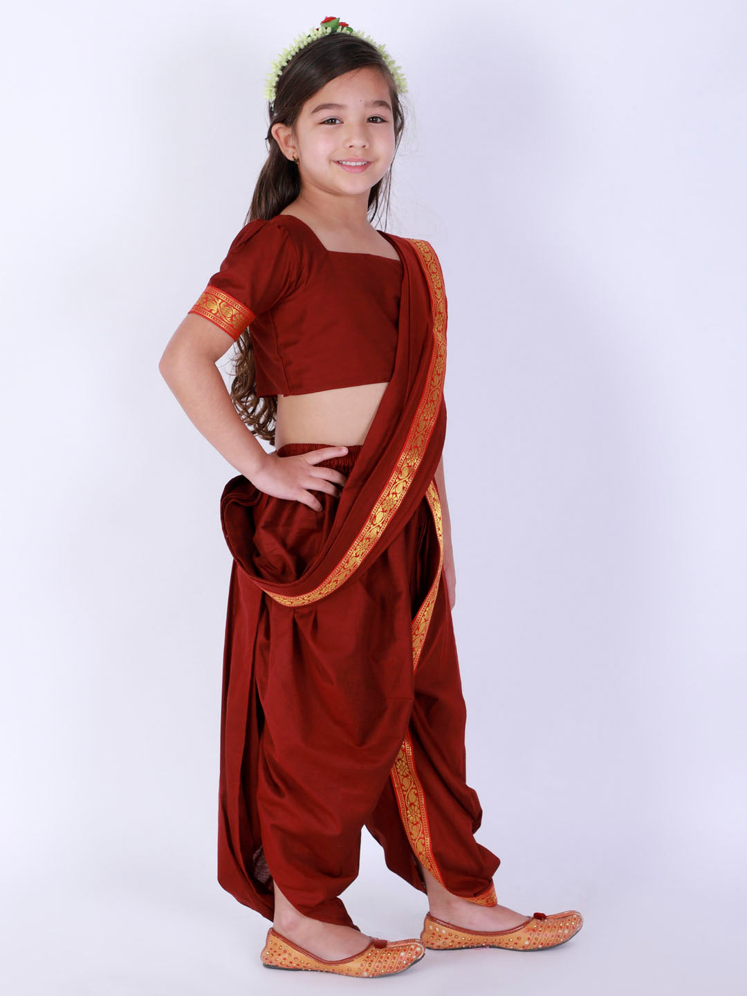 Vastramay Girl's  Maroon Banarasi Border Dhoti Saree Set