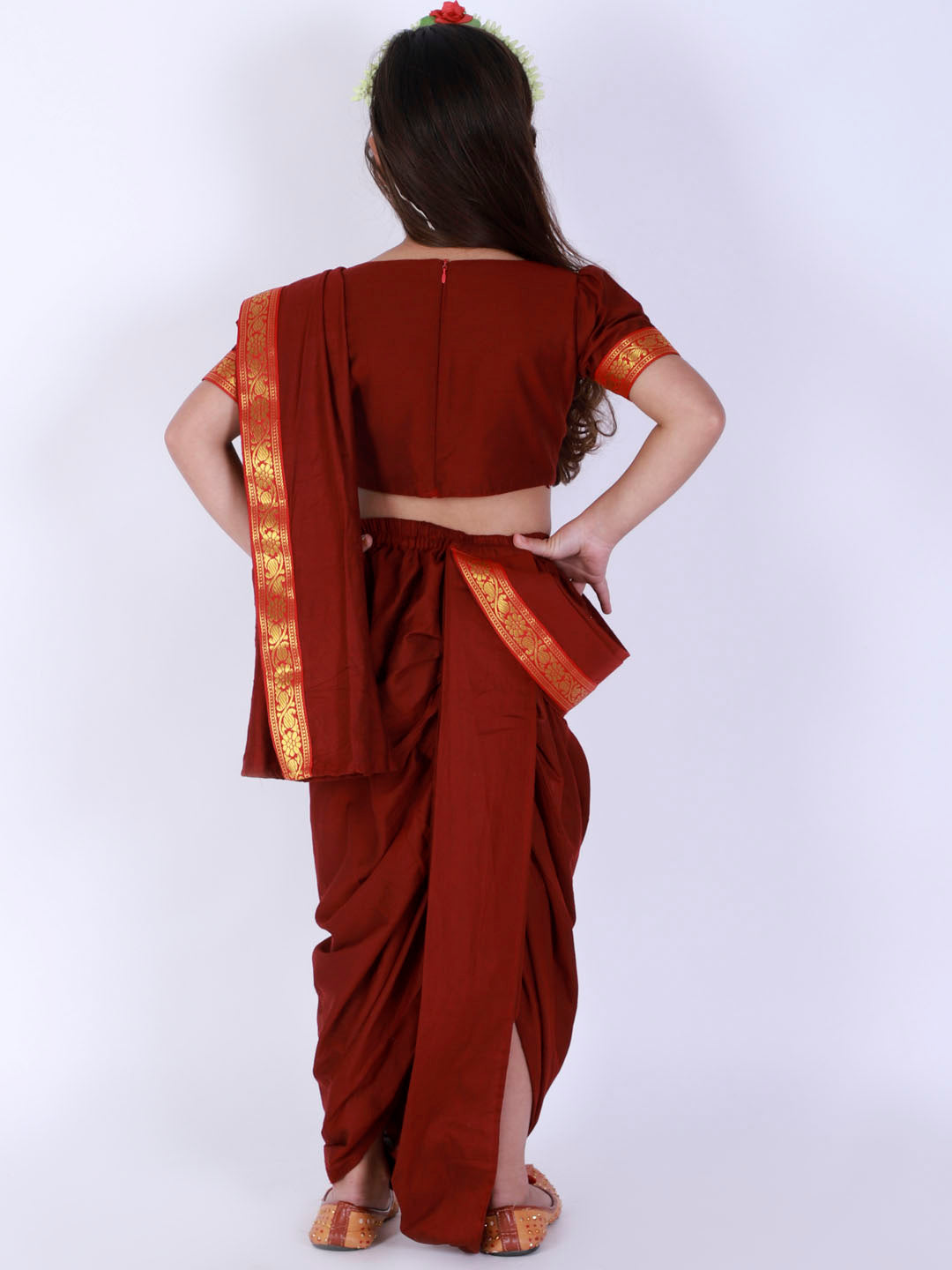 Vastramay Girl's  Maroon Banarasi Border Dhoti Saree Set