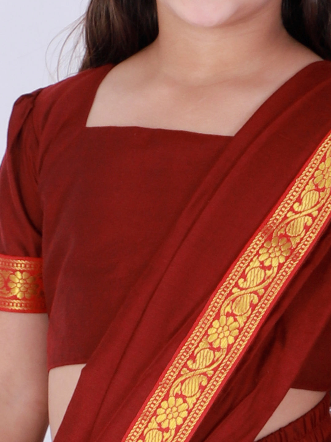 Vastramay Girl's  Maroon Banarasi Border Dhoti Saree Set