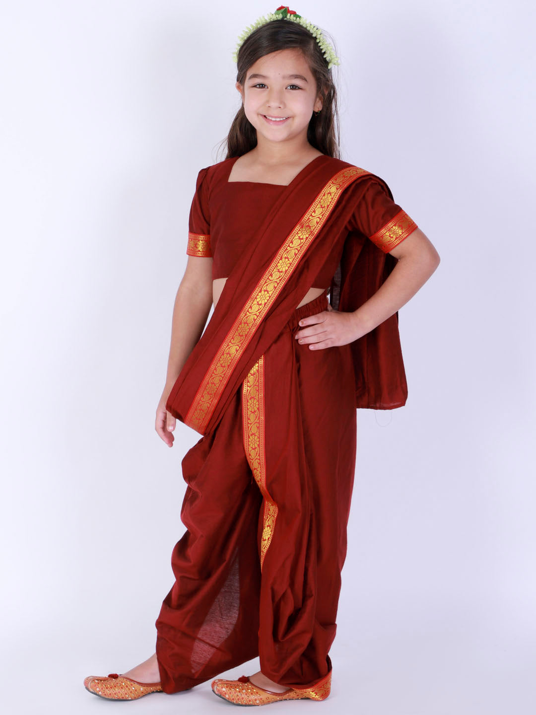 Vastramay Girl's  Maroon Banarasi Border Dhoti Saree Set