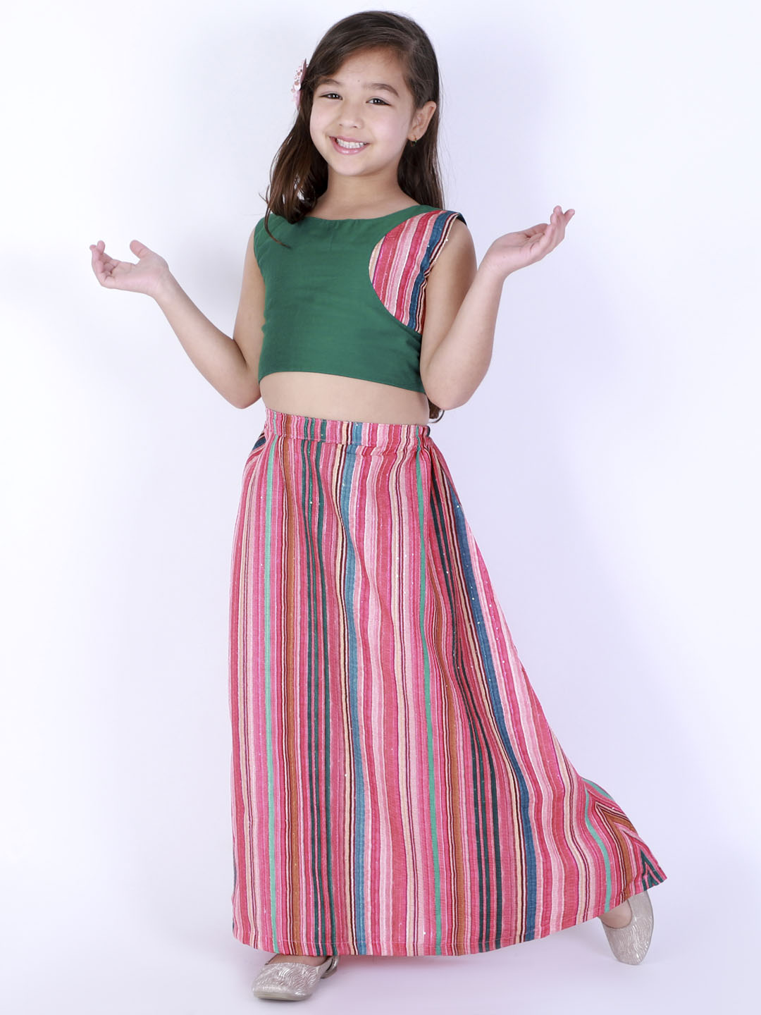 Vastramay Girl's Green Striped Skirt With Green Crop Top