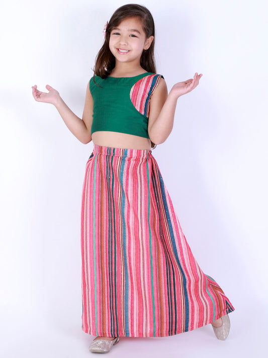 Vastramay Girl's Green Striped Skirt With Green Crop Top