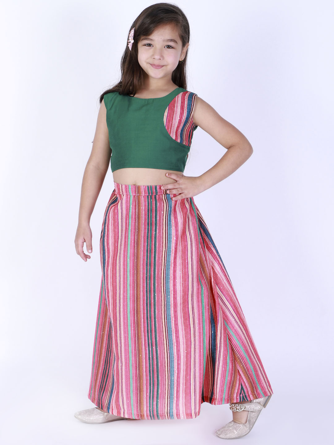 Vastramay Girl's Green Striped Skirt With Green Crop Top