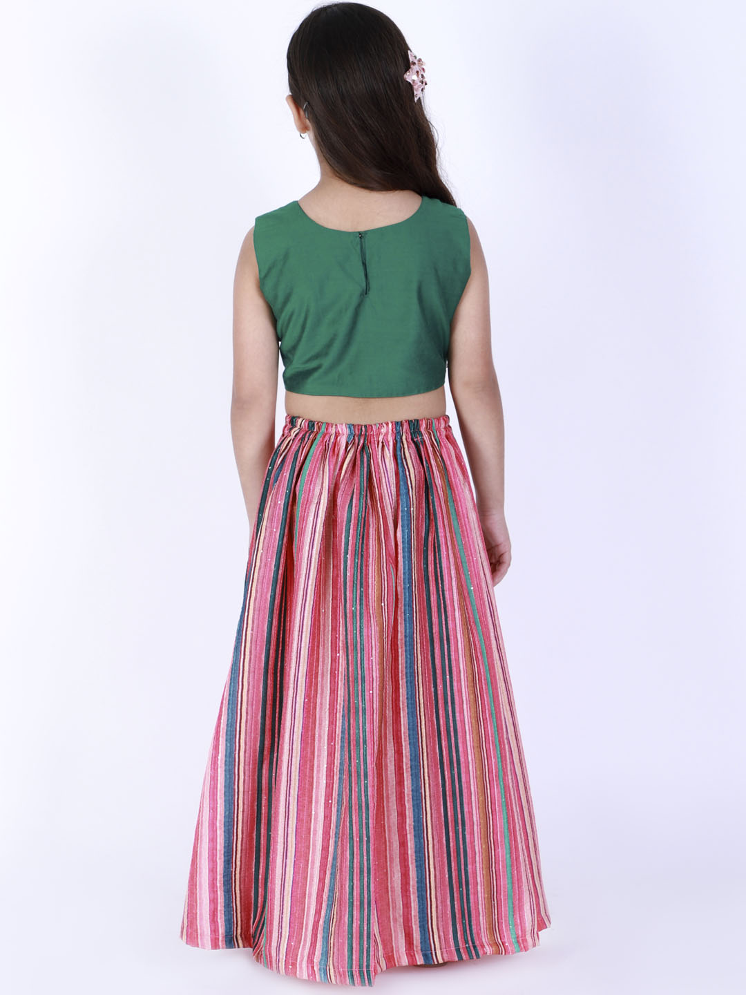 Vastramay Girl's Green Striped Skirt With Green Crop Top