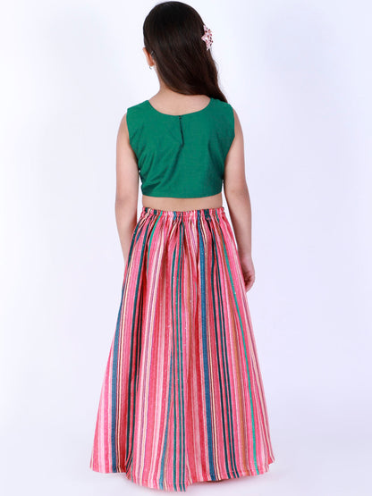 Vastramay Girl's Green Striped Skirt With Green Crop Top