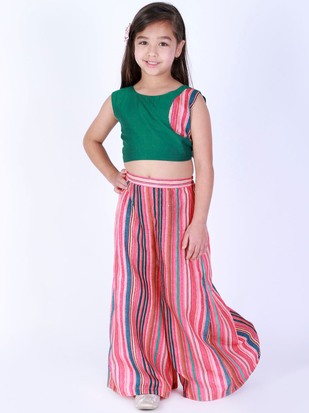 Vastramay Girl's Multicolour Striped Palazzo With Green Crop Top