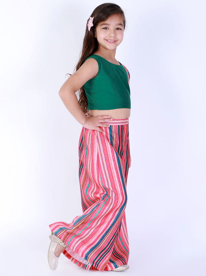 Vastramay Girl's Multicolour Striped Palazzo With Green Crop Top