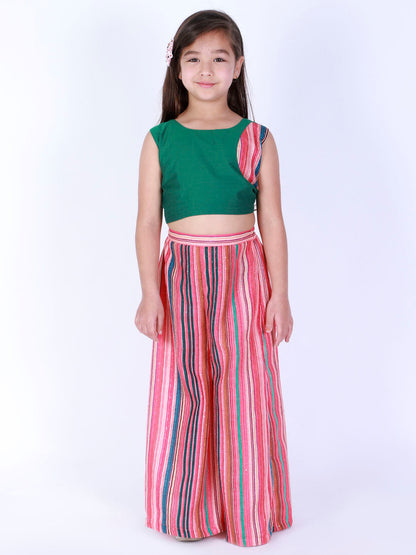 Vastramay Girl's Multicolour Striped Palazzo With Green Crop Top