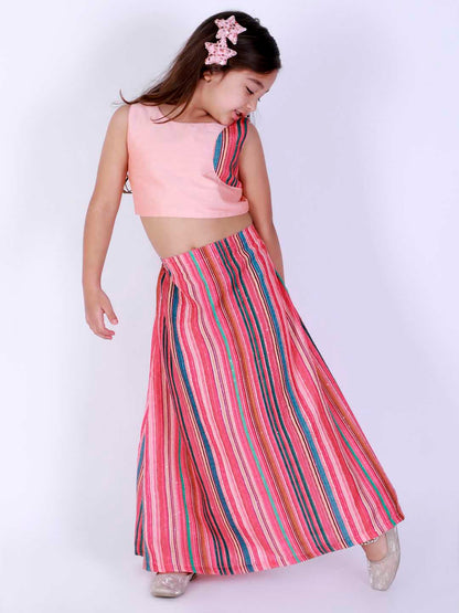 Vastramay Girl's Pink Striped Skirt With Pink Crop Top