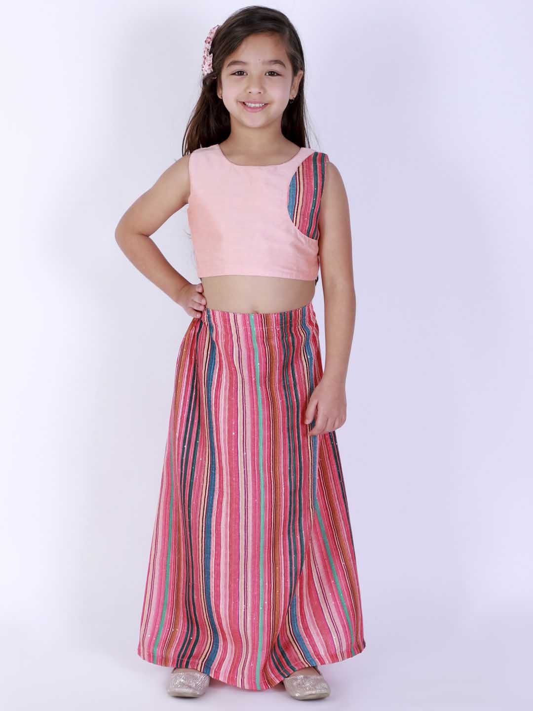 Vastramay Girl's Pink Striped Skirt With Pink Crop Top