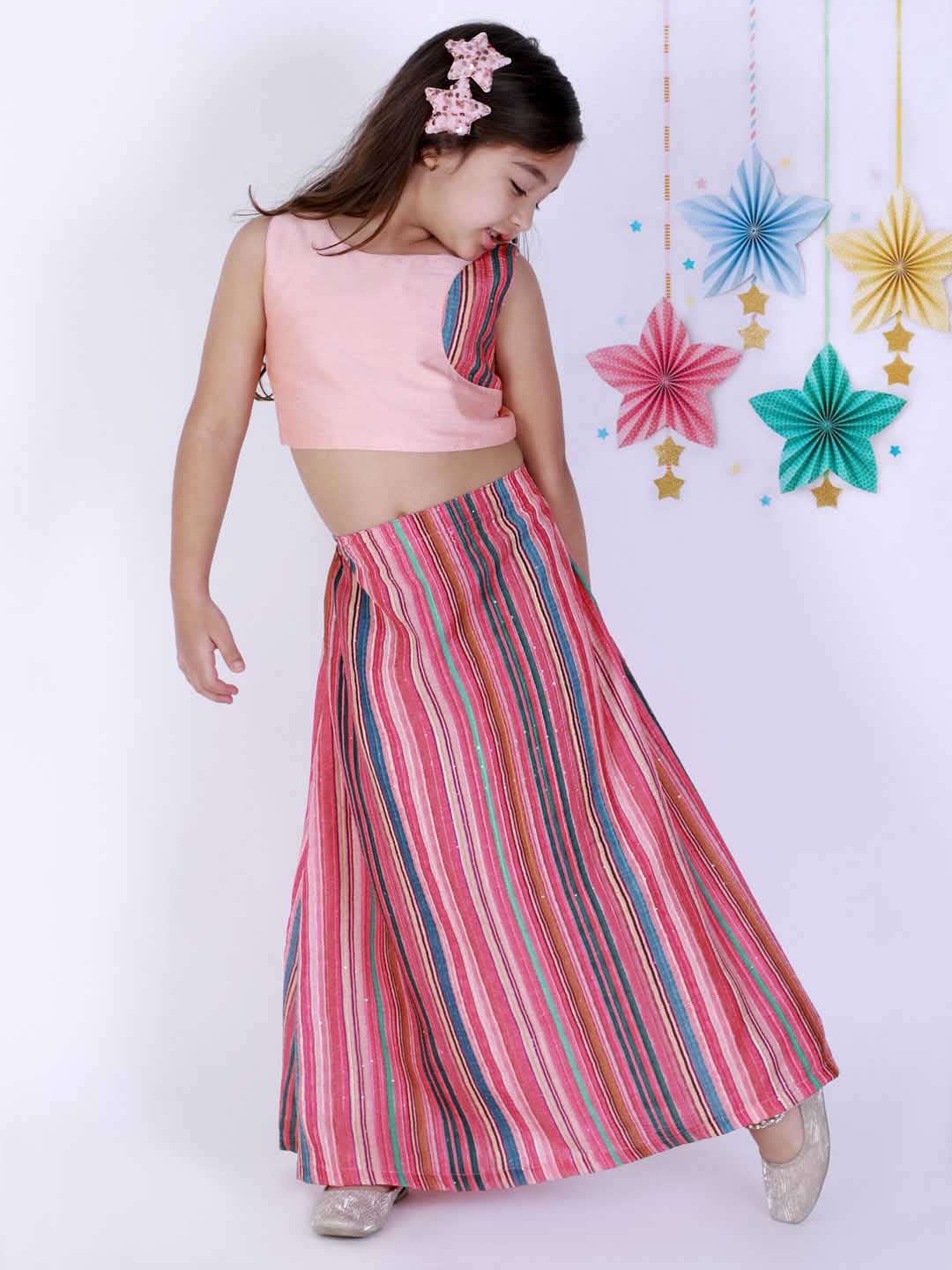 Vastramay Girl's Pink Striped Skirt With Pink Crop Top