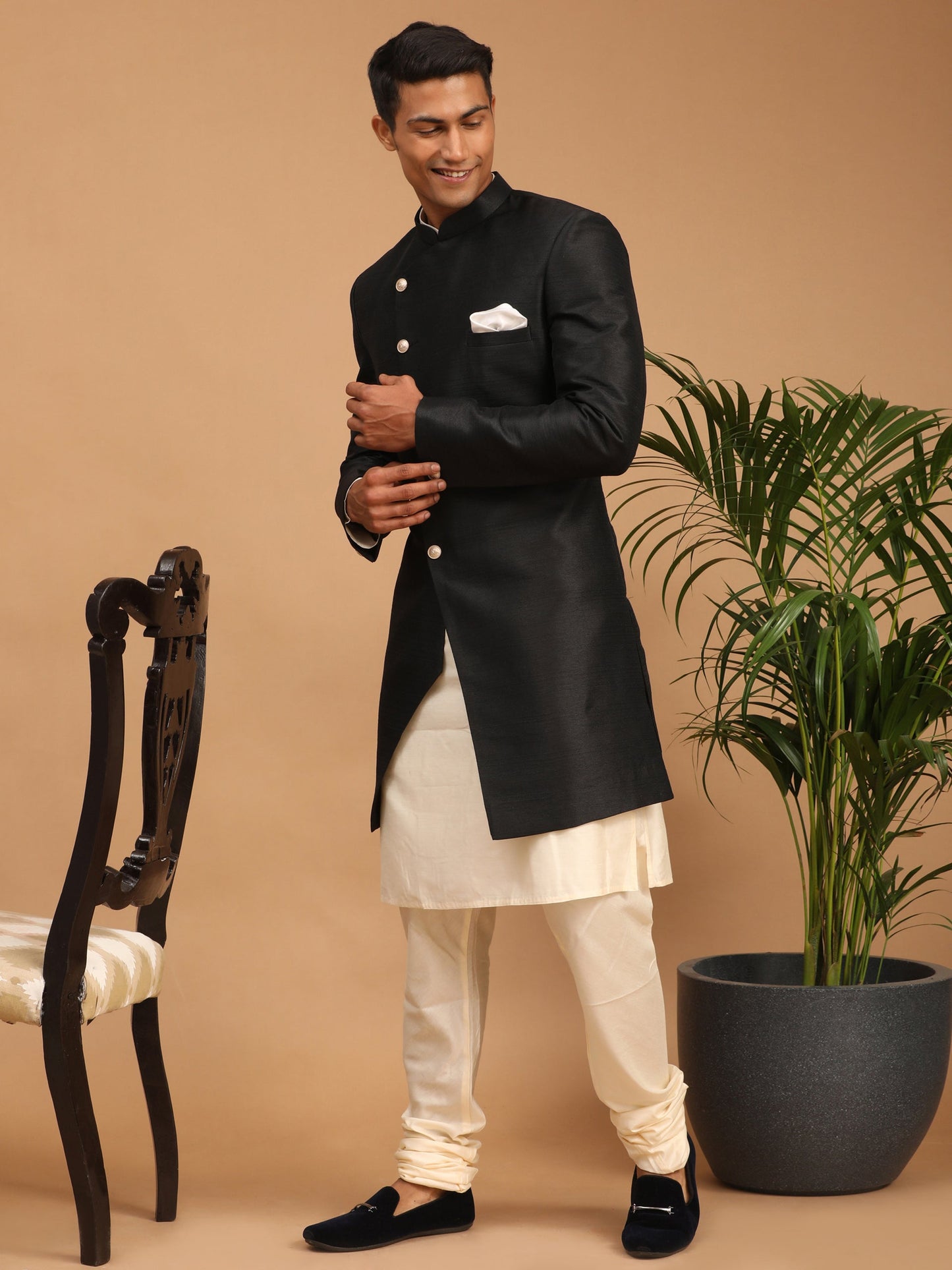 Vastramay Men's Black Angrakha Indo Western Combo Set