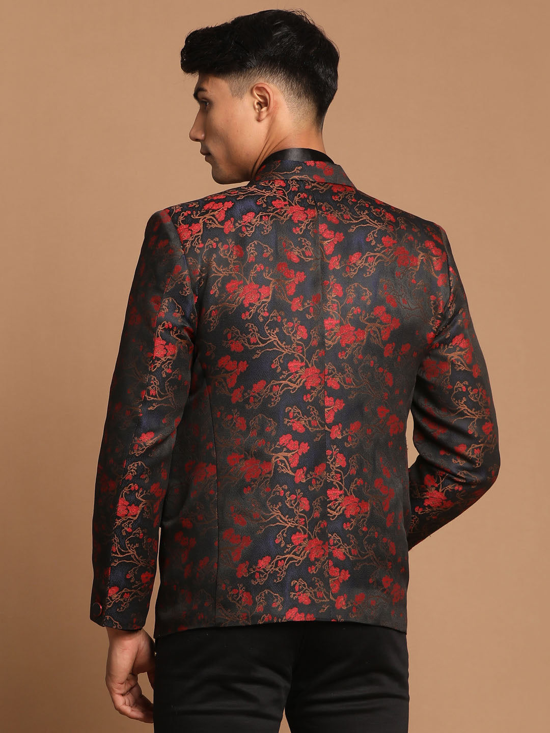 VASTRAMAY Red And Blue Jacquard Blazer Baap Beta Set