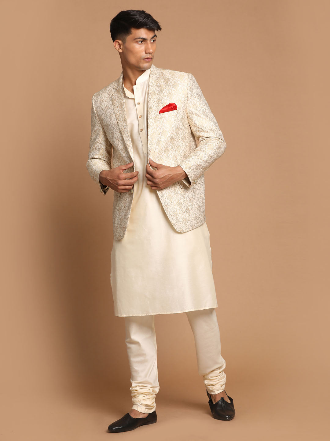 Vastramay Men's Gold Woven Blazer And Cream Solid Kurta With Pajama Set