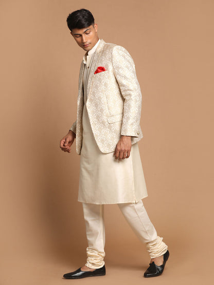 Vastramay Men's Gold Woven Blazer And Cream Solid Kurta With Pajama Set