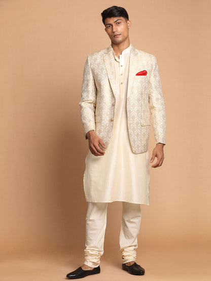 Vastramay Men's Gold Woven Blazer And Cream Solid Kurta With Pajama Set