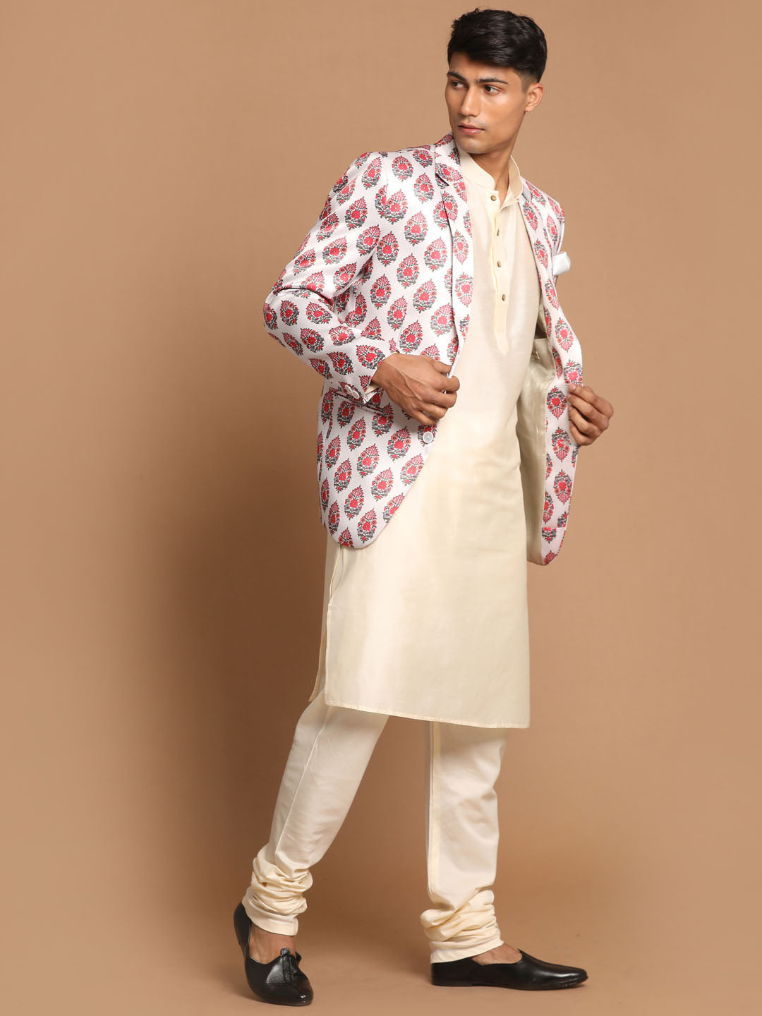 Vastramay Men's Cream Base Multicolor Printed Blazer And Cream Solid Kurta With Pajama Set