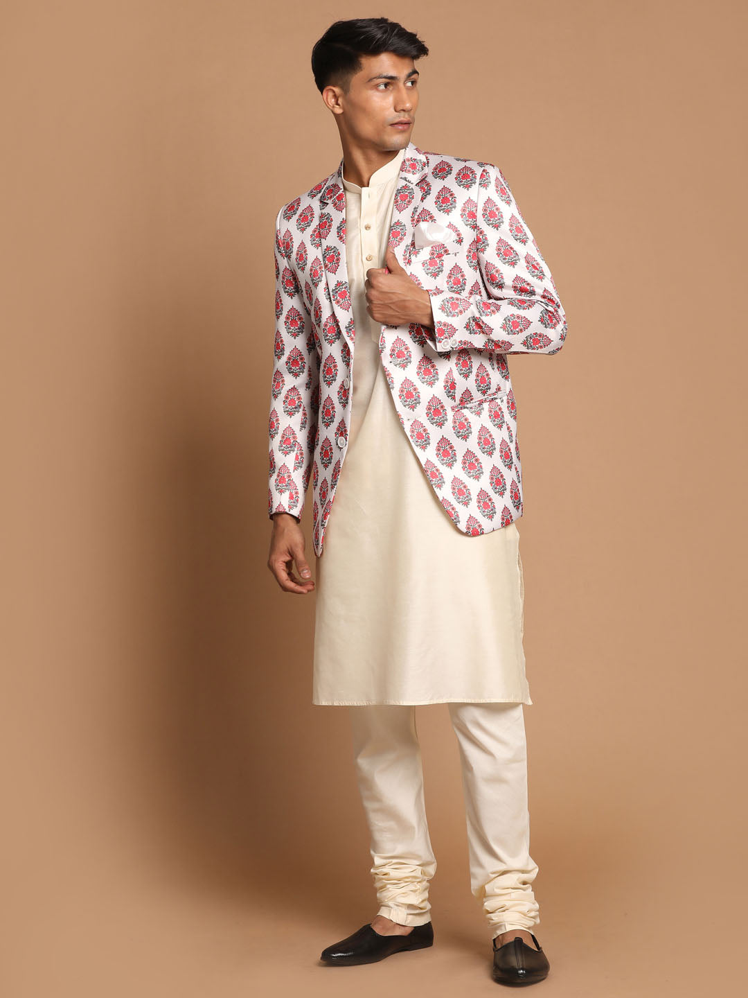 Vastramay Men's Cream Base Multicolor Printed Blazer And Cream Solid Kurta With Pajama Set