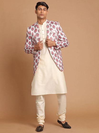 Vastramay Men's Cream Base Multicolor Printed Blazer And Cream Solid Kurta With Pajama Set