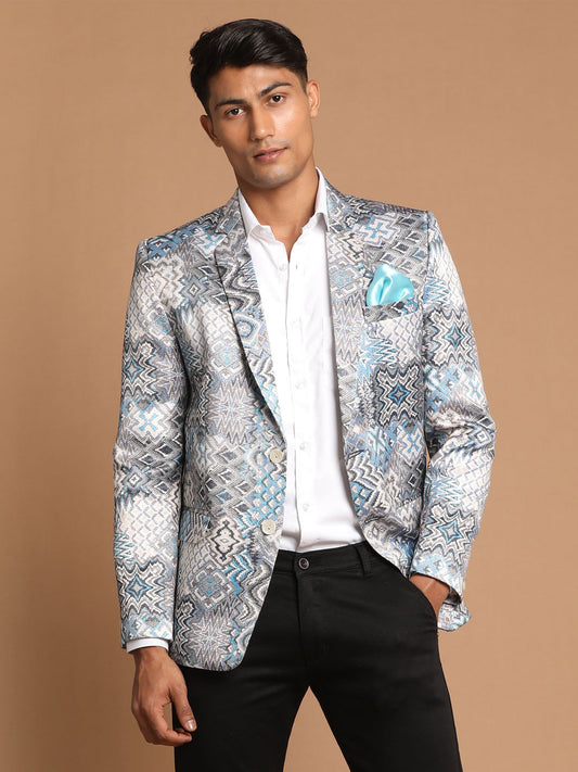 Vastramay Men's Gray Multi-Color Printed  Silk Blend Blazer