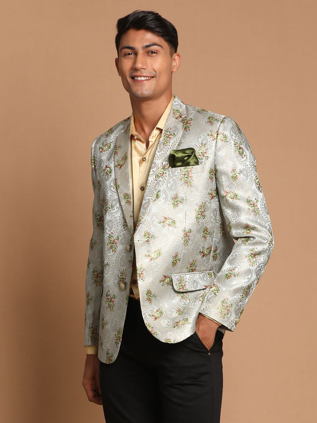 Vastramay Men's Light Green Woven Silk Blend Blazer