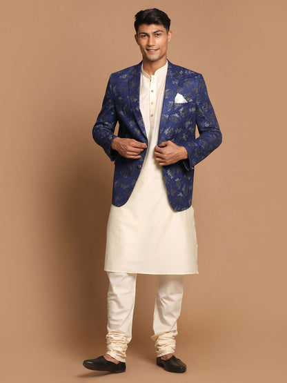 Vastramay Men's Navy Blue Woven Blazer And Cream Solid Kurta With Pajama Set