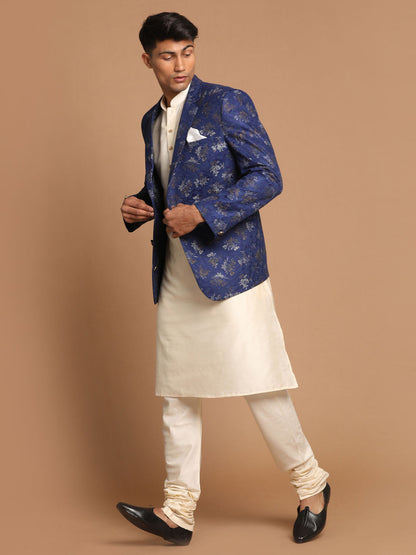 Vastramay Men's Navy Blue Woven Blazer And Cream Solid Kurta With Pajama Set