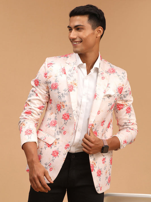 Vastramay mens peach color floral printed blazer