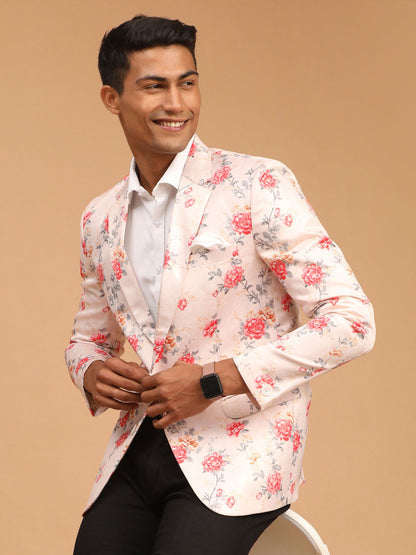 Vastramay mens peach color floral printed blazer