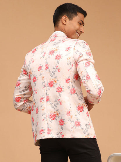 Vastramay mens peach color floral printed blazer