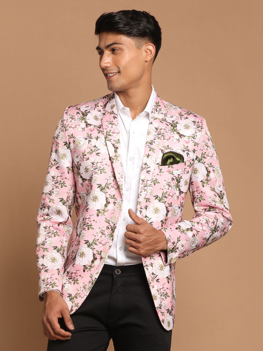 Vastramay Men's Pink Floral Printed Blazer