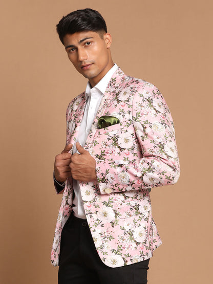 Vastramay Men's Pink Floral Printed Blazer