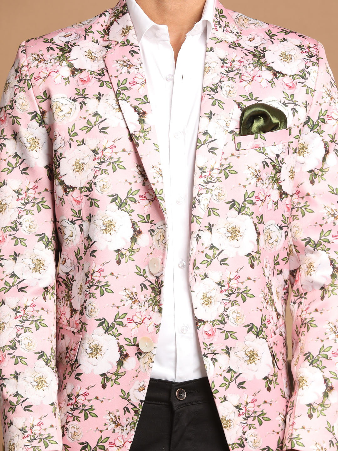 Vastramay Men's Pink Floral Printed Blazer