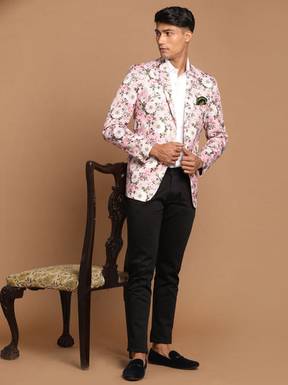 Vastramay Men's Pink Floral Printed Blazer