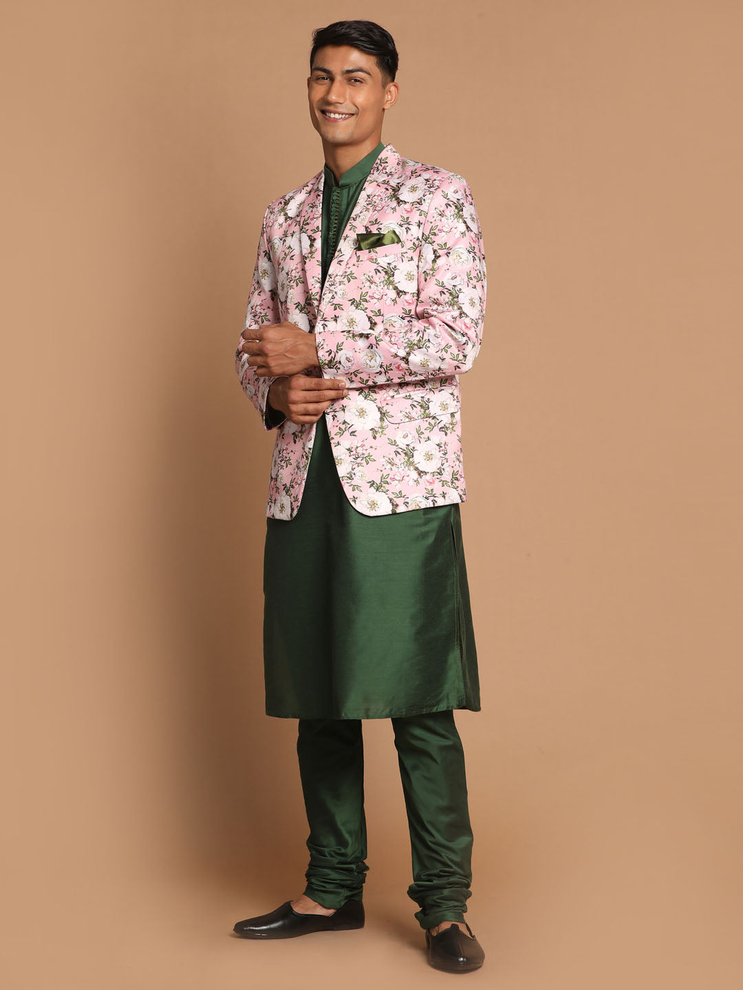 Vastramay Men's Pink Floral Print Blazer And Green Solid Viscose Kurta With Pajama Set