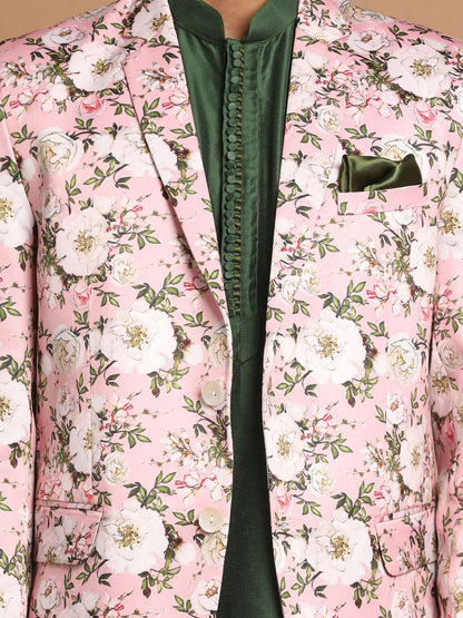 Vastramay Men's Pink Floral Print Blazer And Green Solid Viscose Kurta With Pajama Set